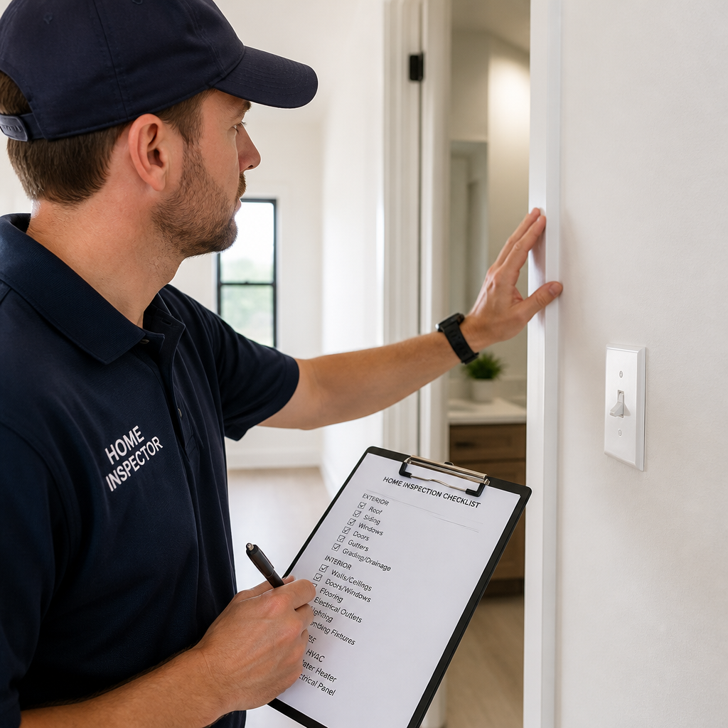 Home inspector reviewing checklist during pre-handover inspection of new home