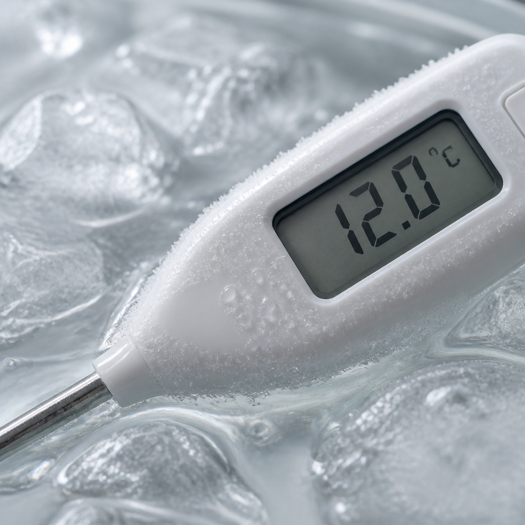 Termómetro digital mostrando 12°C em água gelada com cristais de gelo