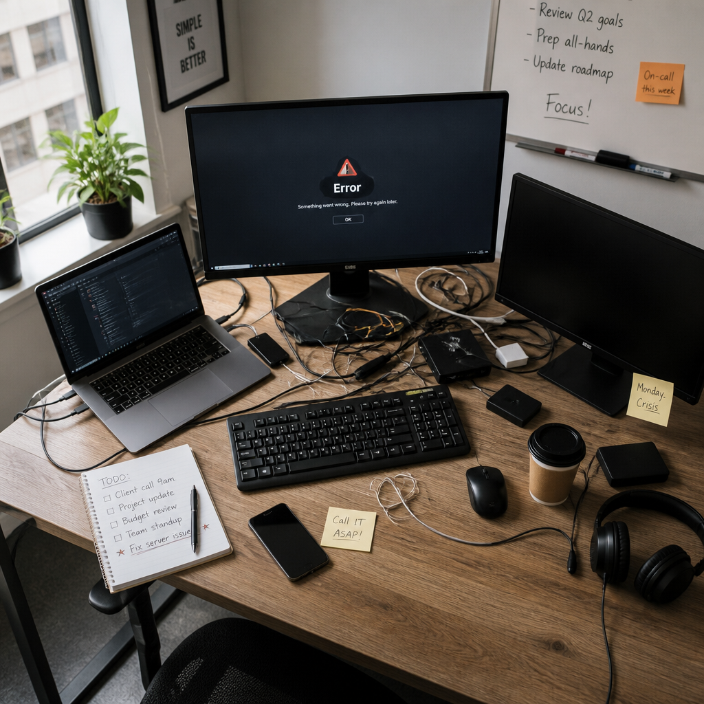 Uorden på arbejdsplads med fejl på computermonitor og sammenfiltrede kabler