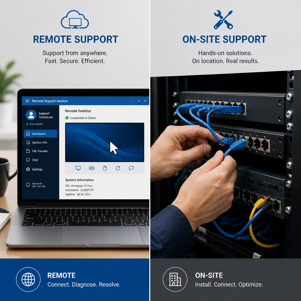 Sammenligning af fjern-IT-support og fysisk on-site support med teknologi