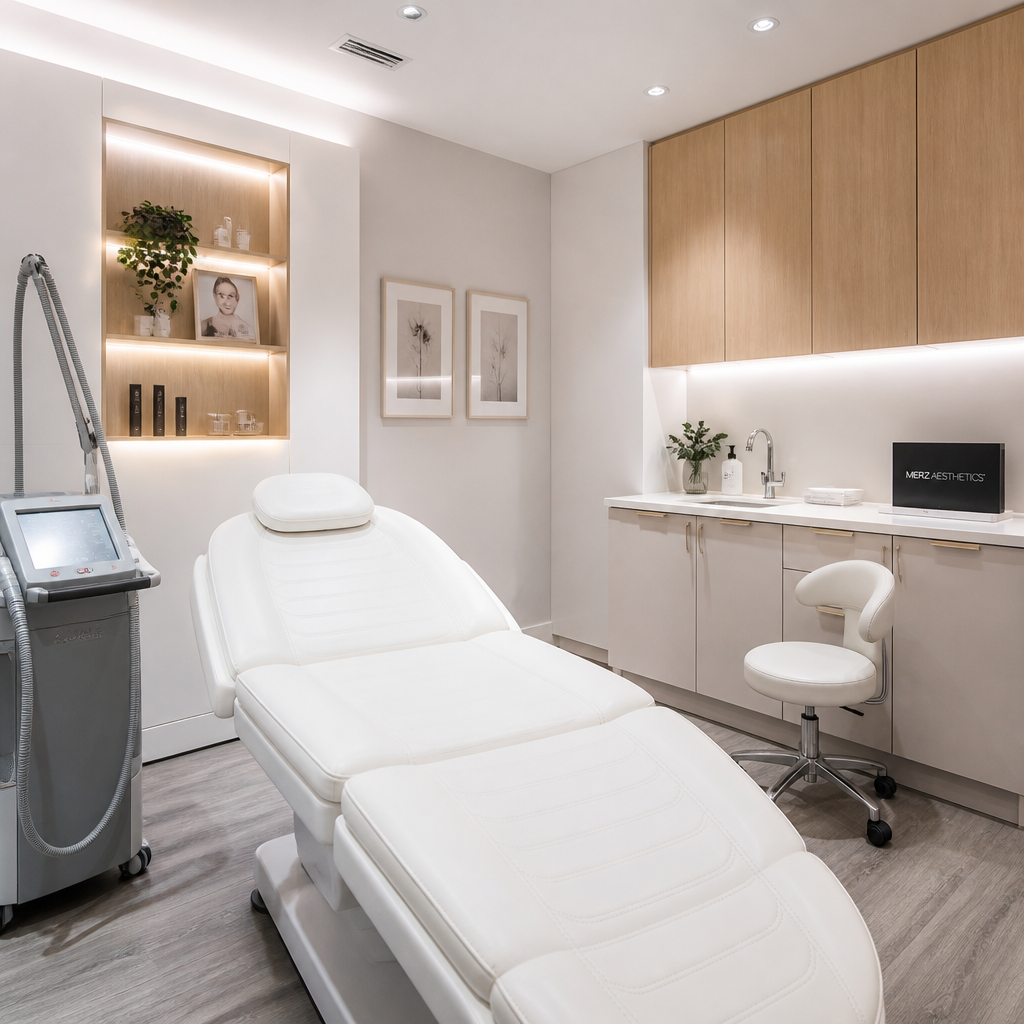 Contemporary aesthetic clinic treatment room with professional laser equipment
