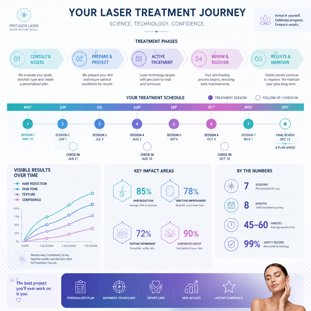 Timeline and data visualization showing laser treatment session progression