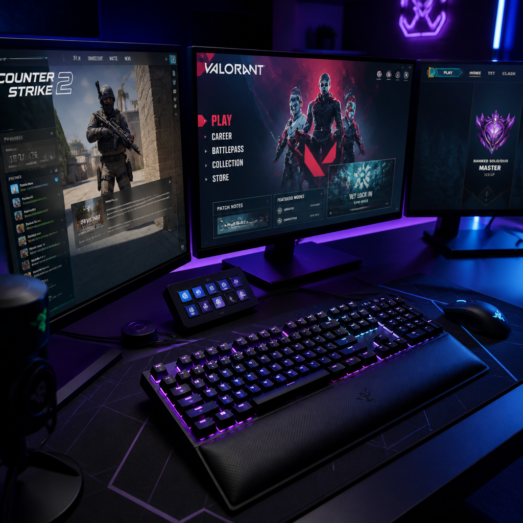 Professional esports gaming setup with multiple monitors and neon lighting