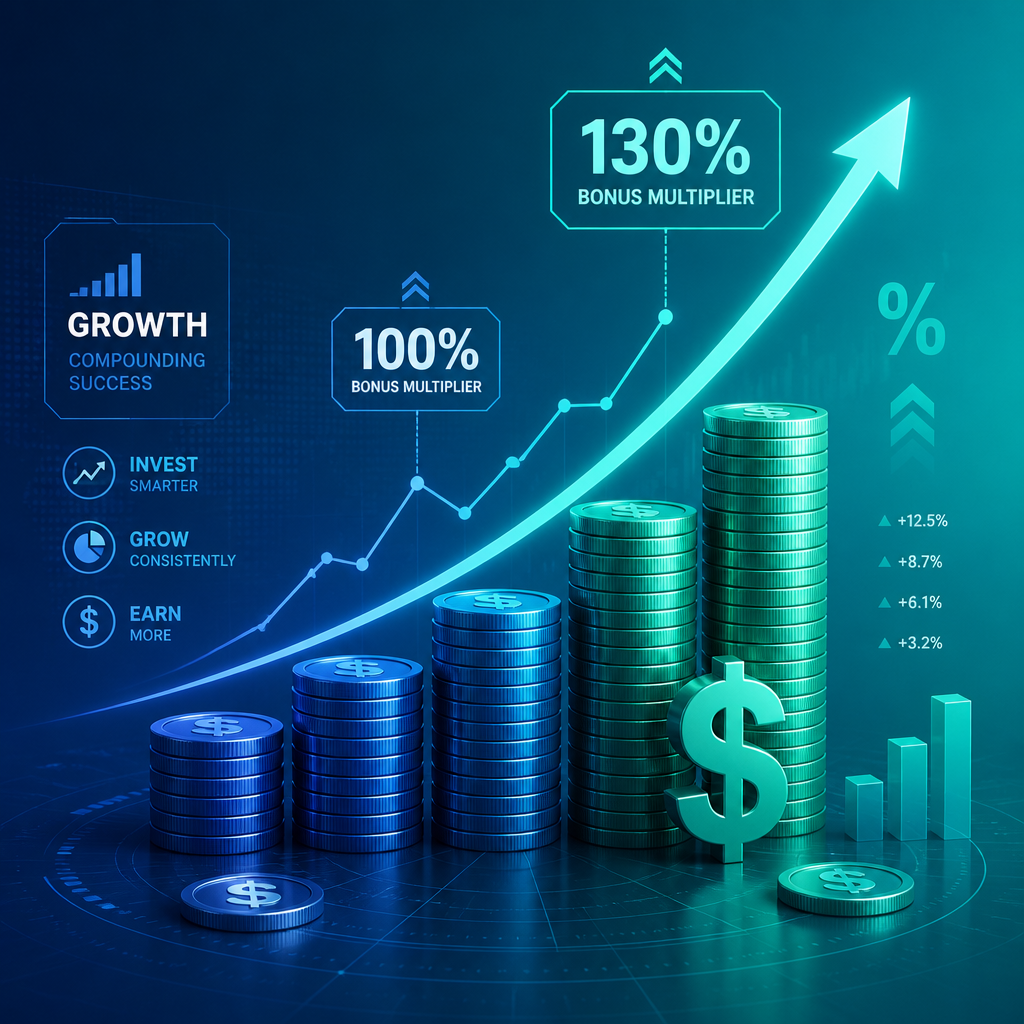 Abstract financial growth visualization with percentage symbols and upward arrows