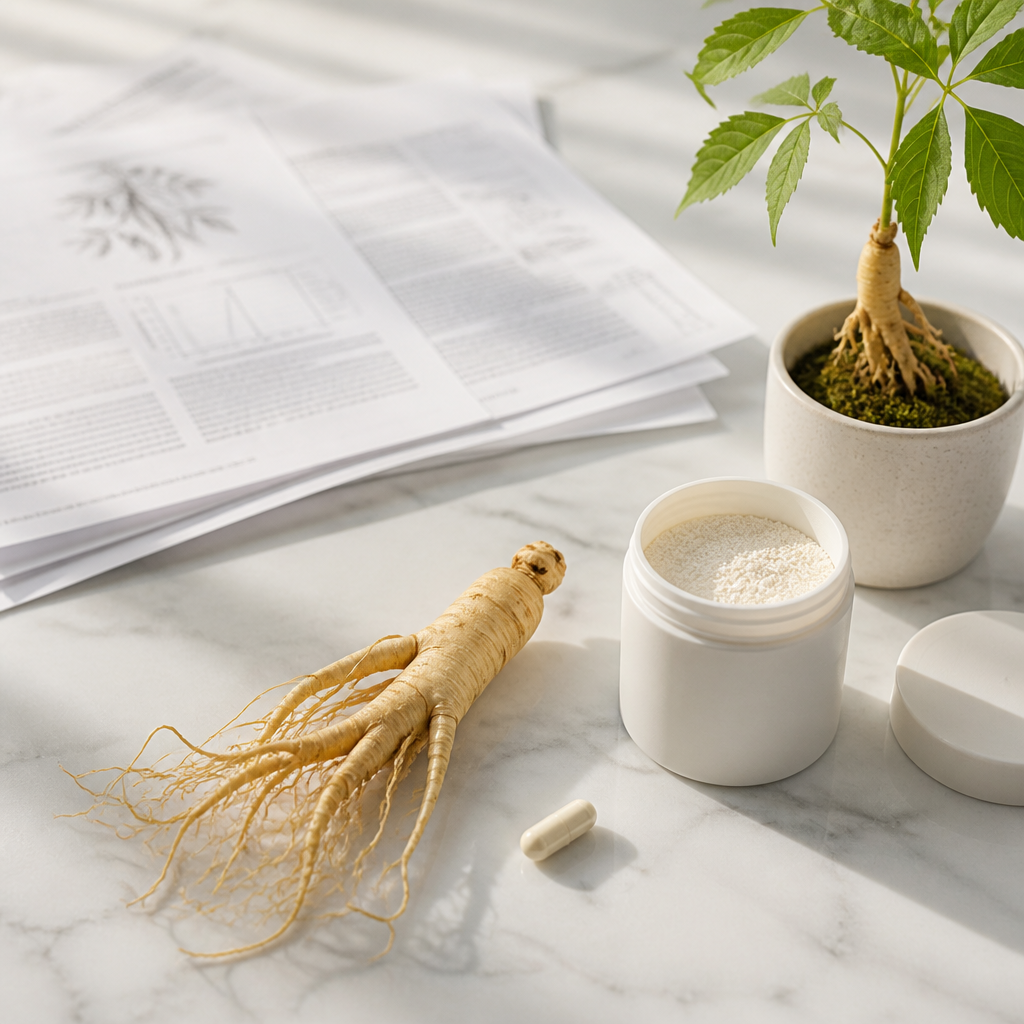 Ginseng root and supplements arranged on marble surface with research papers