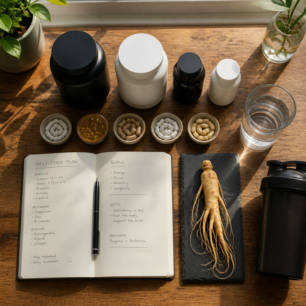 Organized supplement stack setup on desk with ginseng root and notes