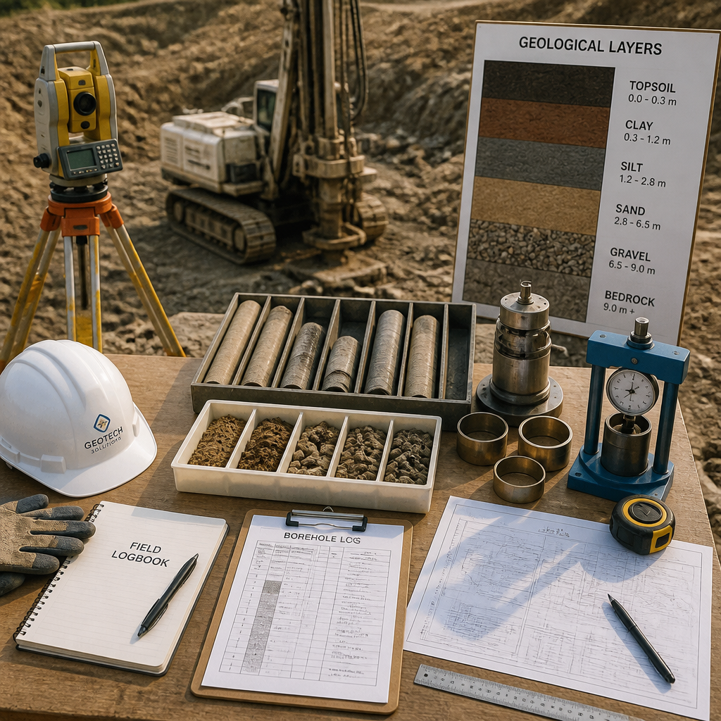 Outils et équipements d'étude géotechnique sur un chantier de construction