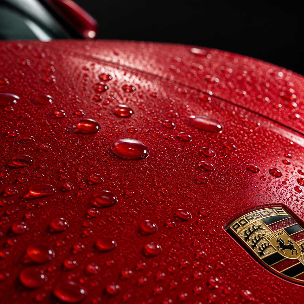 Water droplets beading on ceramic-coated sports car paint