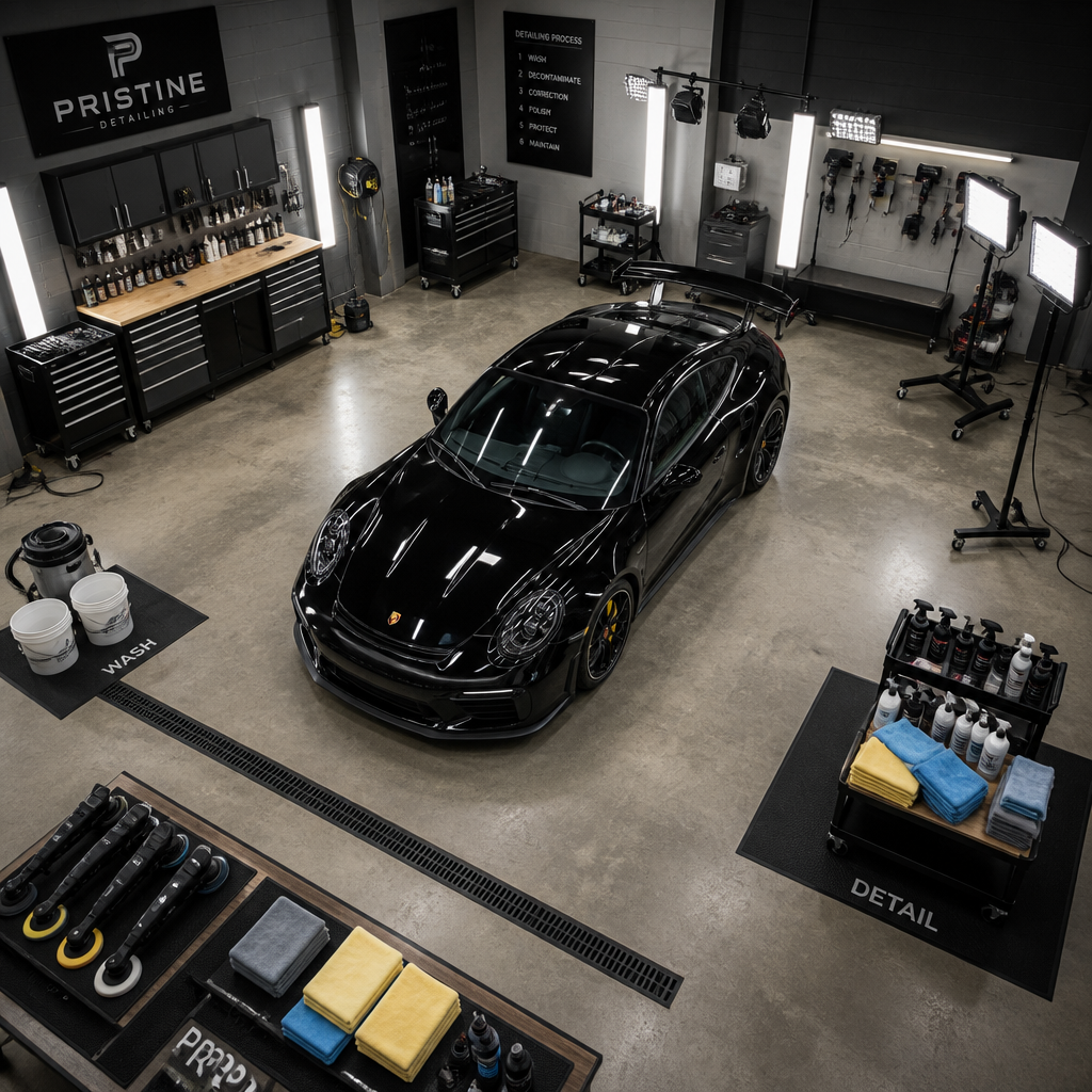 Professional sports car detailing workshop setup with tools and lighting