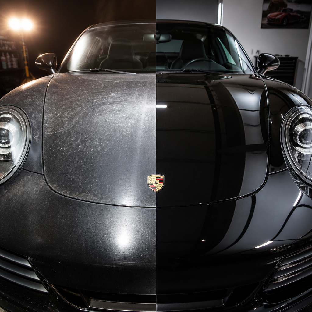 Before-and-after paint correction showing dull versus glossy sports car finish