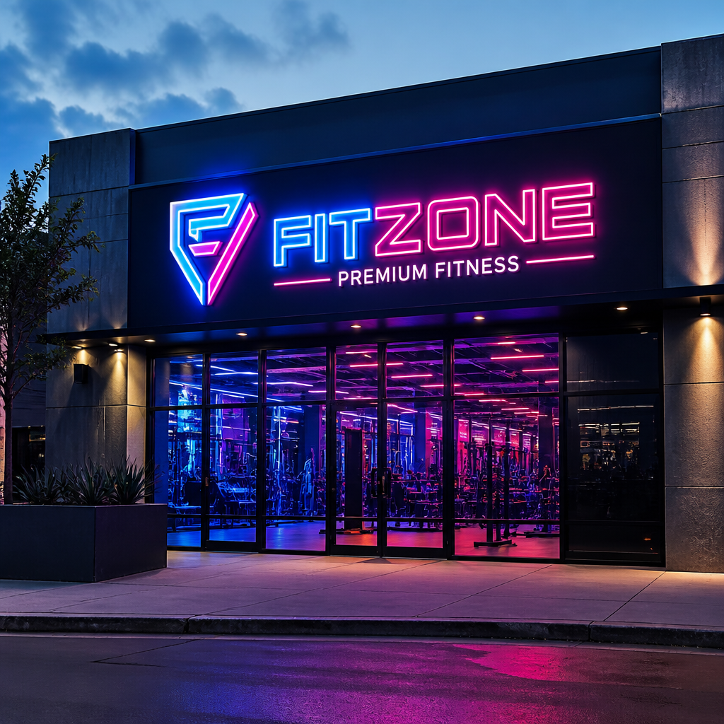 Illuminated LED neon gym signage on a modern storefront exterior at dusk
