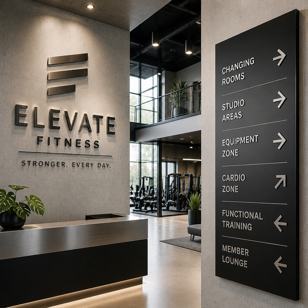Interior gym signage with directional wayfinding and channel lettering in metallic finishes
