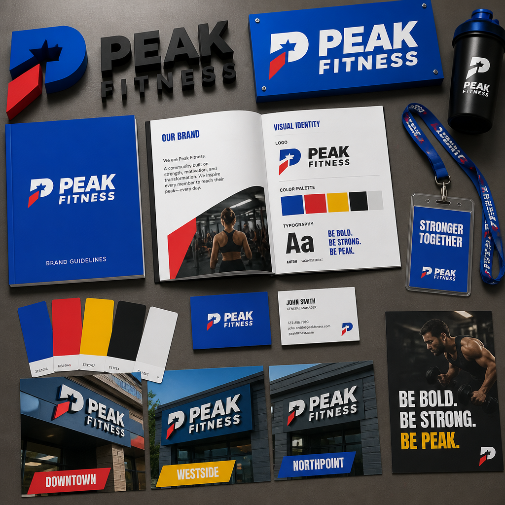 Branded gym signage materials and design guidelines representing franchise consistency across multiple locations