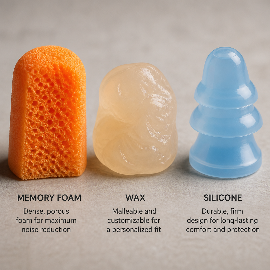Three earplug materials compared: memory foam, wax, and silicone with distinct textures