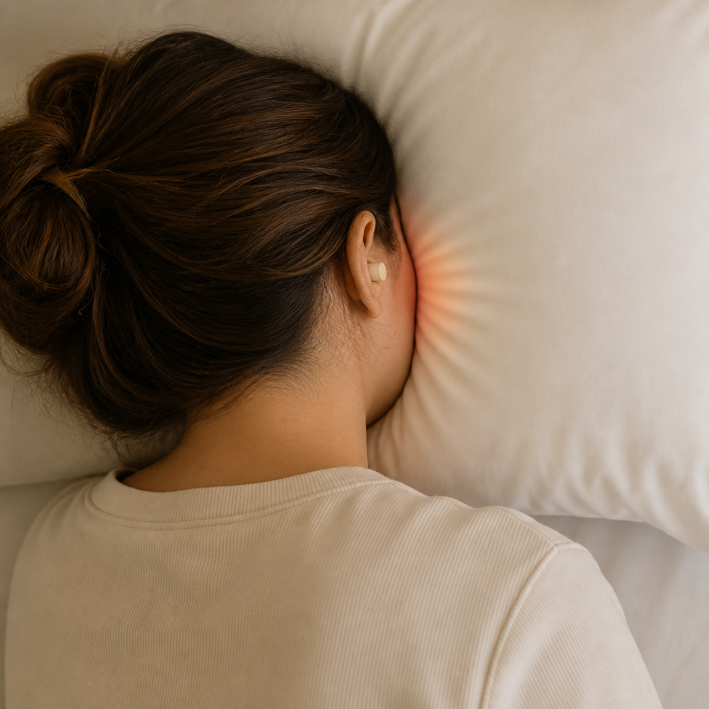 Side sleeper positioned on pillow showing earplug placement and pressure point