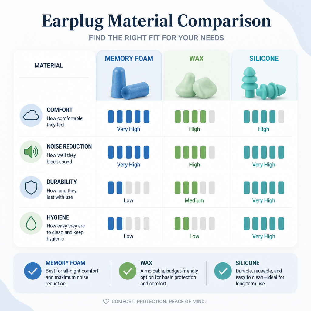 Comparative chart showing earplug material ratings across comfort, noise reduction, durability, and hygiene metrics