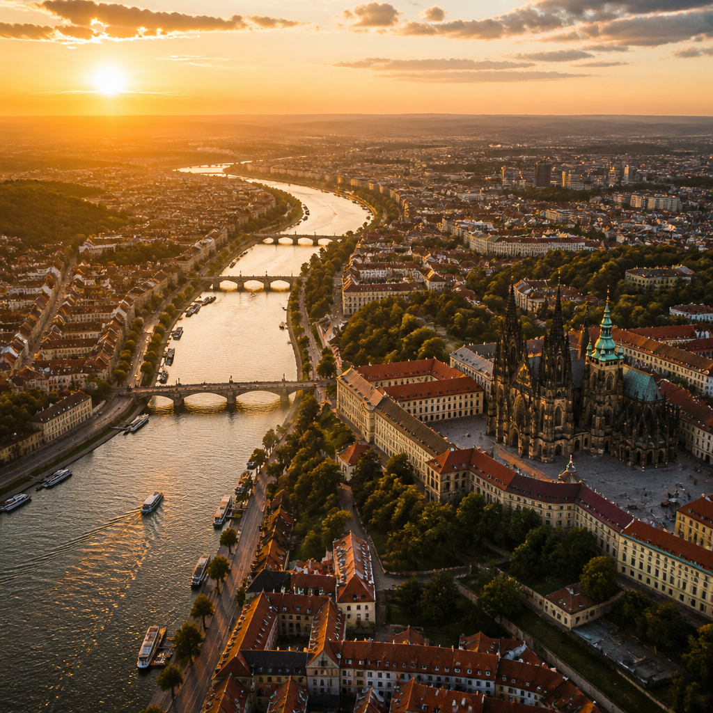 Luftaufnahme der silbern glänzenden Oder mit historischer Altstadt und Kathedralenspitzen von oben
