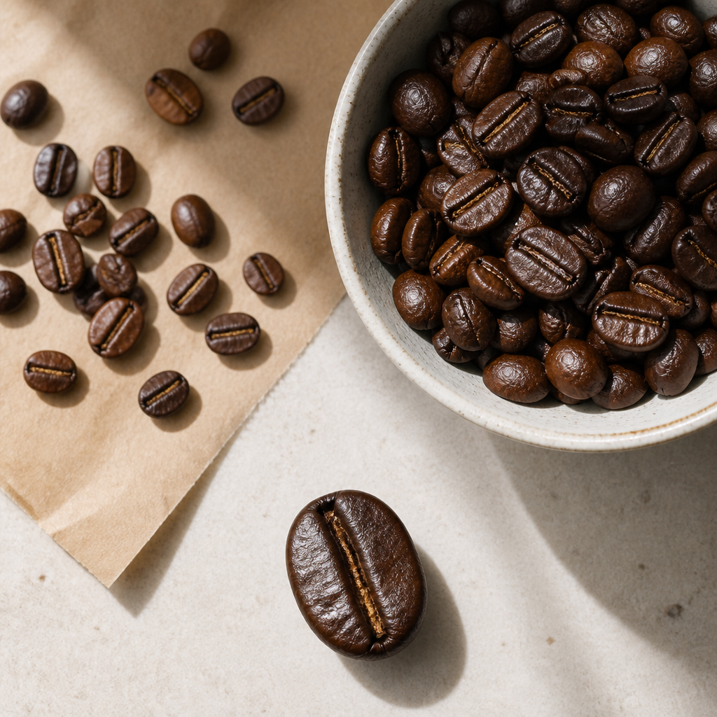 Overhead view of fresh roasted coffee beans in varying roast levels with natural lighting