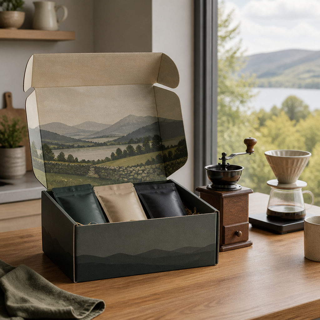 Coffee subscription delivery box with brewing equipment on a kitchen counter