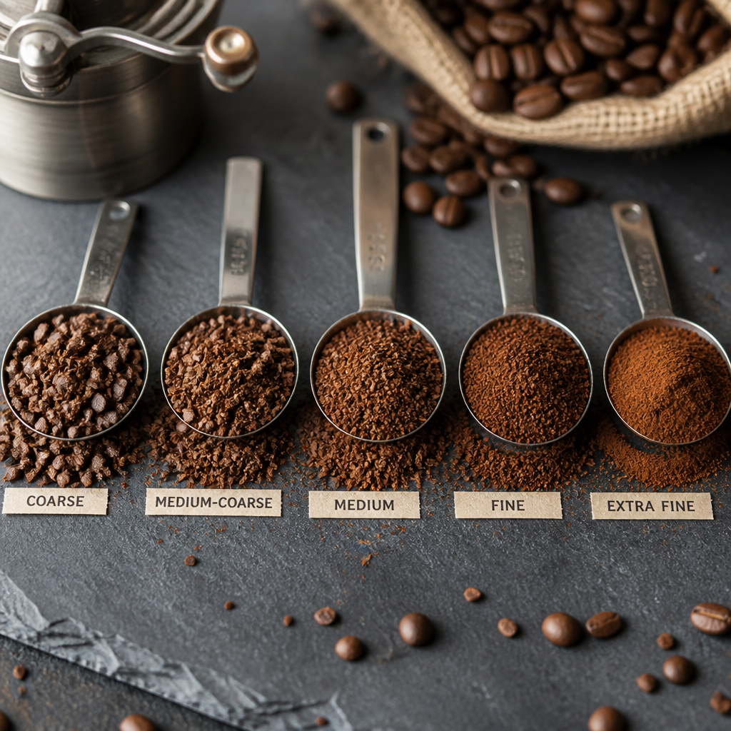 Macro detail of coffee grounds showing different grind sizes and brewing preparation