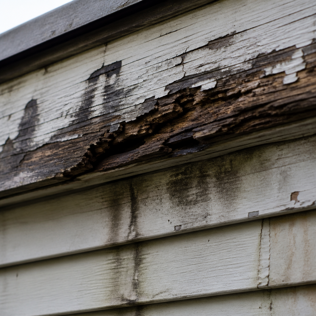 Detailed view of rotted fascia and siding with water damage and peeling paint
