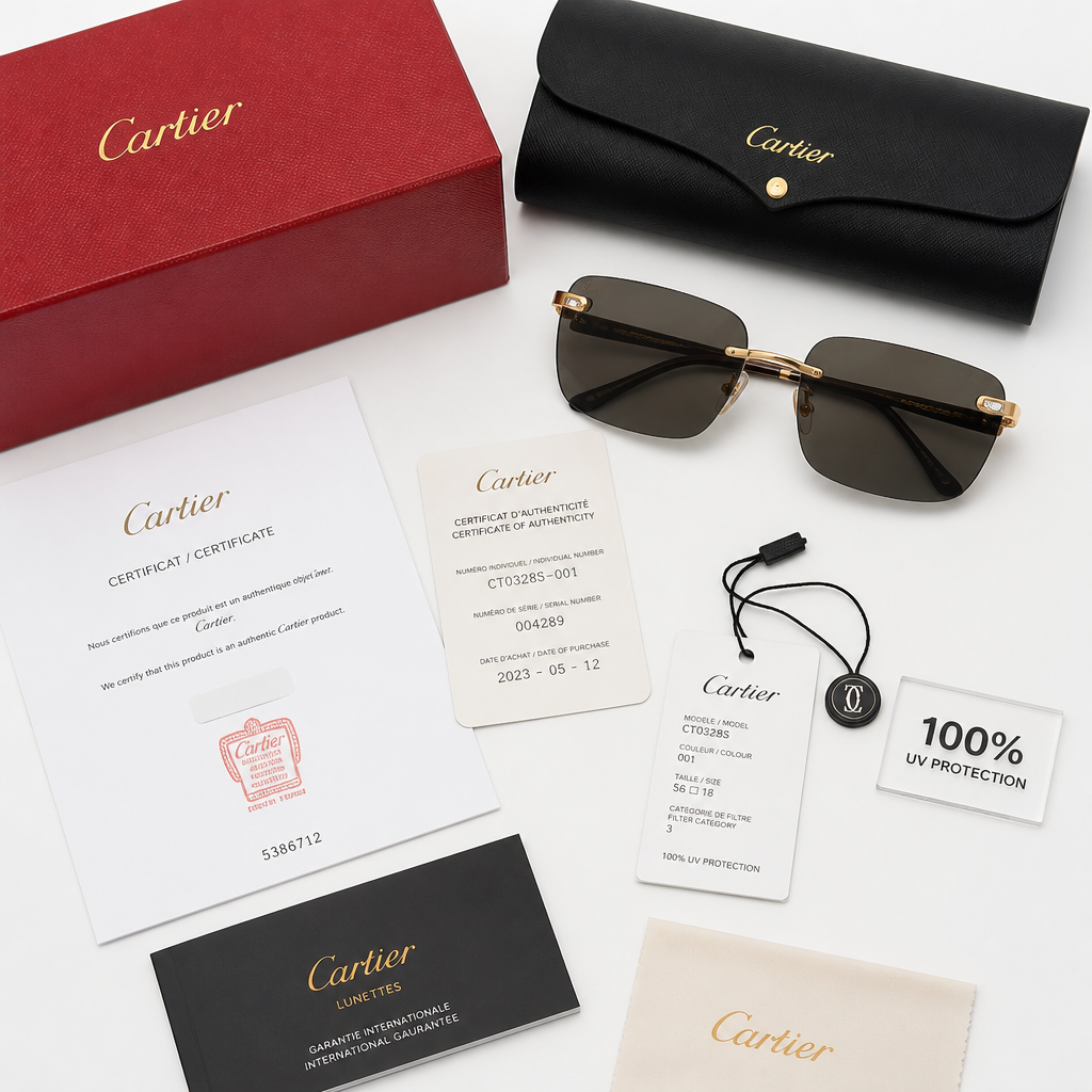 Authentic sunglasses with verification documents and UV protection labels on a white surface