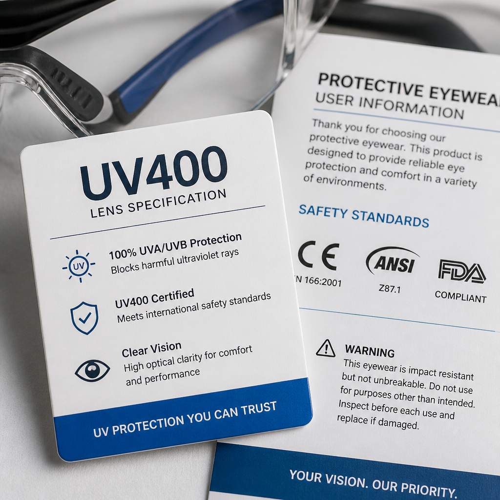 UV400 certification label and eyewear safety documentation in close-up detail