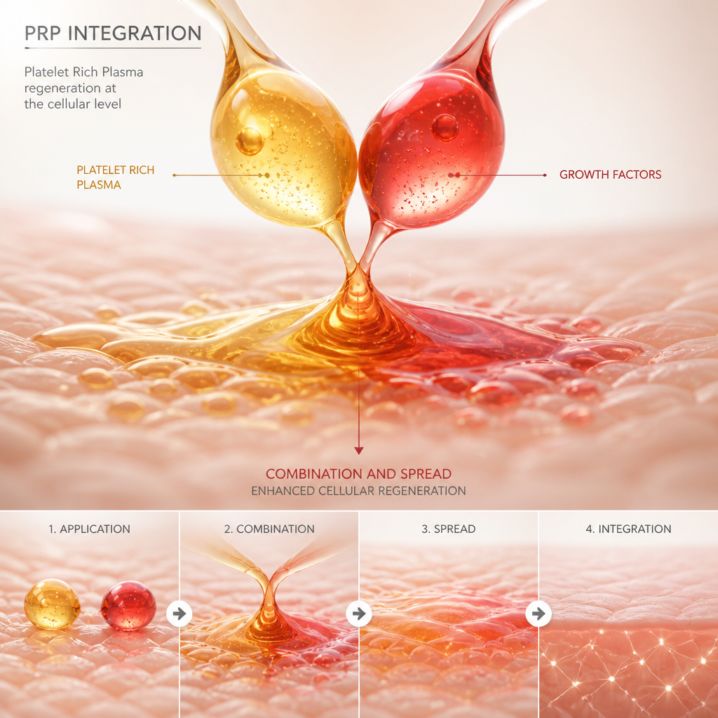 Abstract visualization of golden and red droplets merging across a surface, representing PRP treatment integration