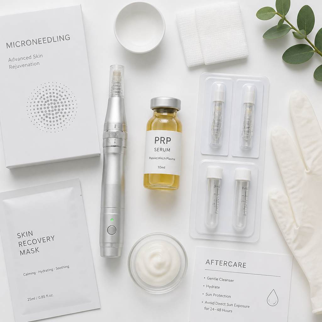 Medical treatment setup showing microneedling device, PRP serum vial, and sterile equipment on clinical workspace