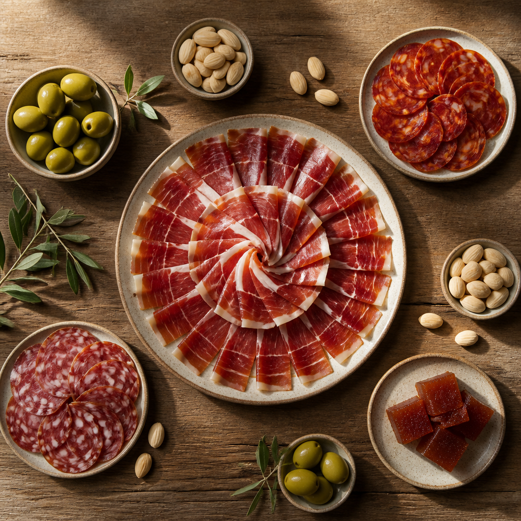 Tabla de ibéricos perfectamente presentada con jamón, embutidos variados y acompañamientos.