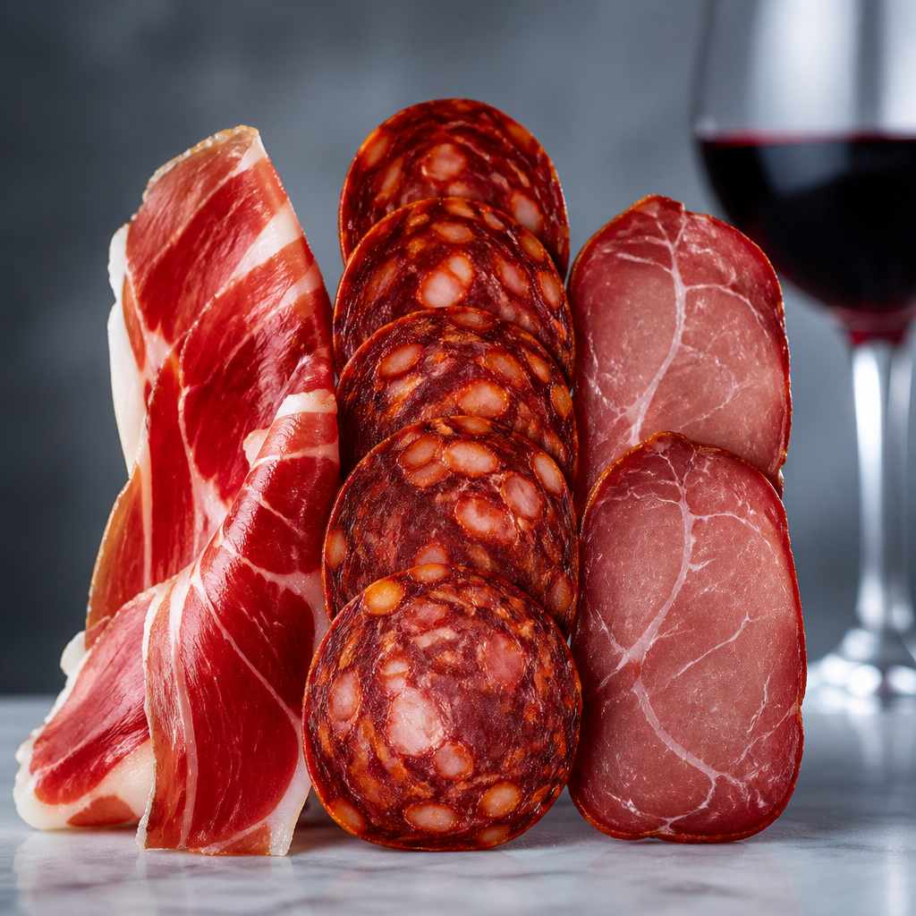 Detalle de tres cortes de ibéricos variados con maridaje de vino tinto.