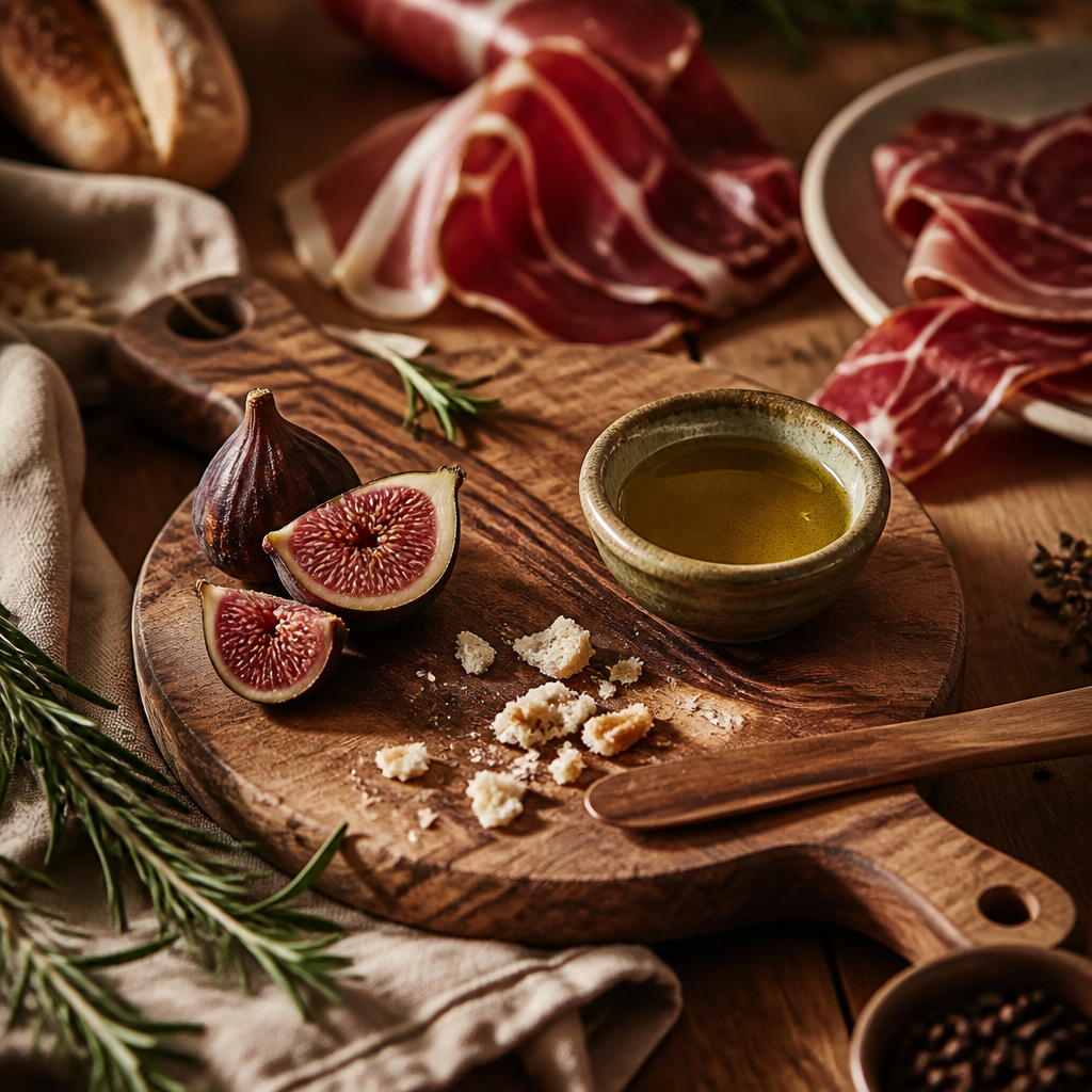 Composición editorial de los elementos clave para armar una tabla gourmet de ibéricos.