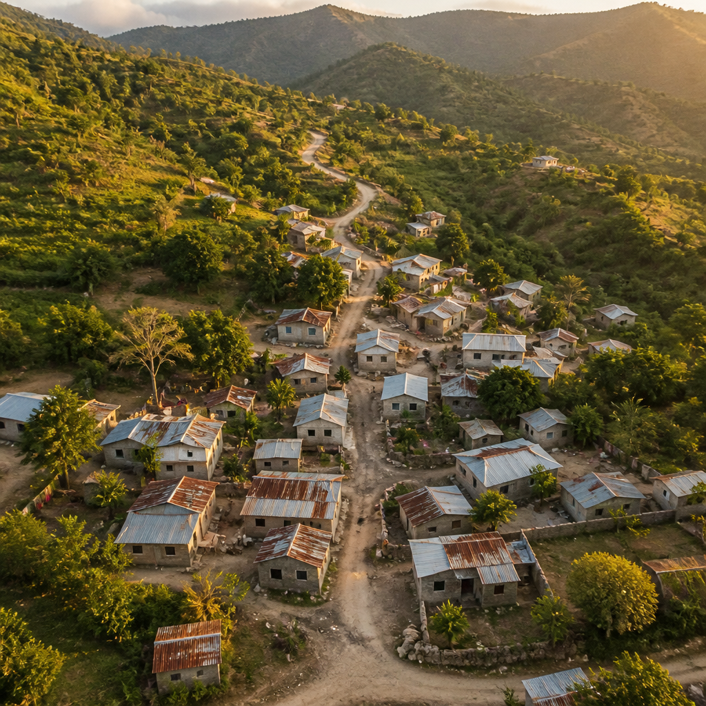 Aerial view of a rural Haitian village with homes and hillsides during golden hour