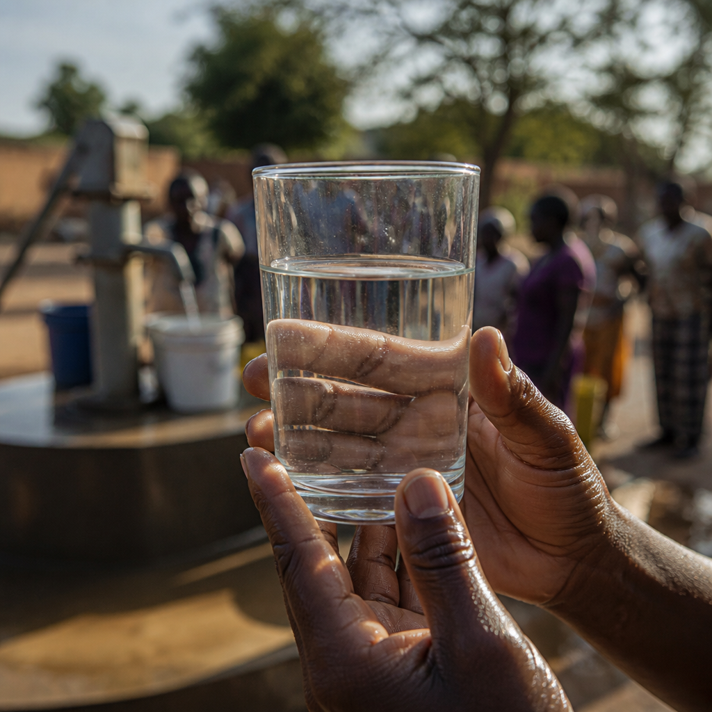 Hands holding clean water with a well structure in the background