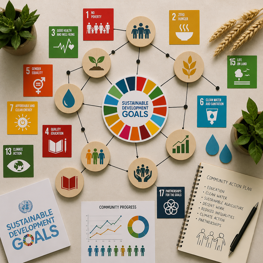 Abstract arrangement of sustainability and community development symbols and icons