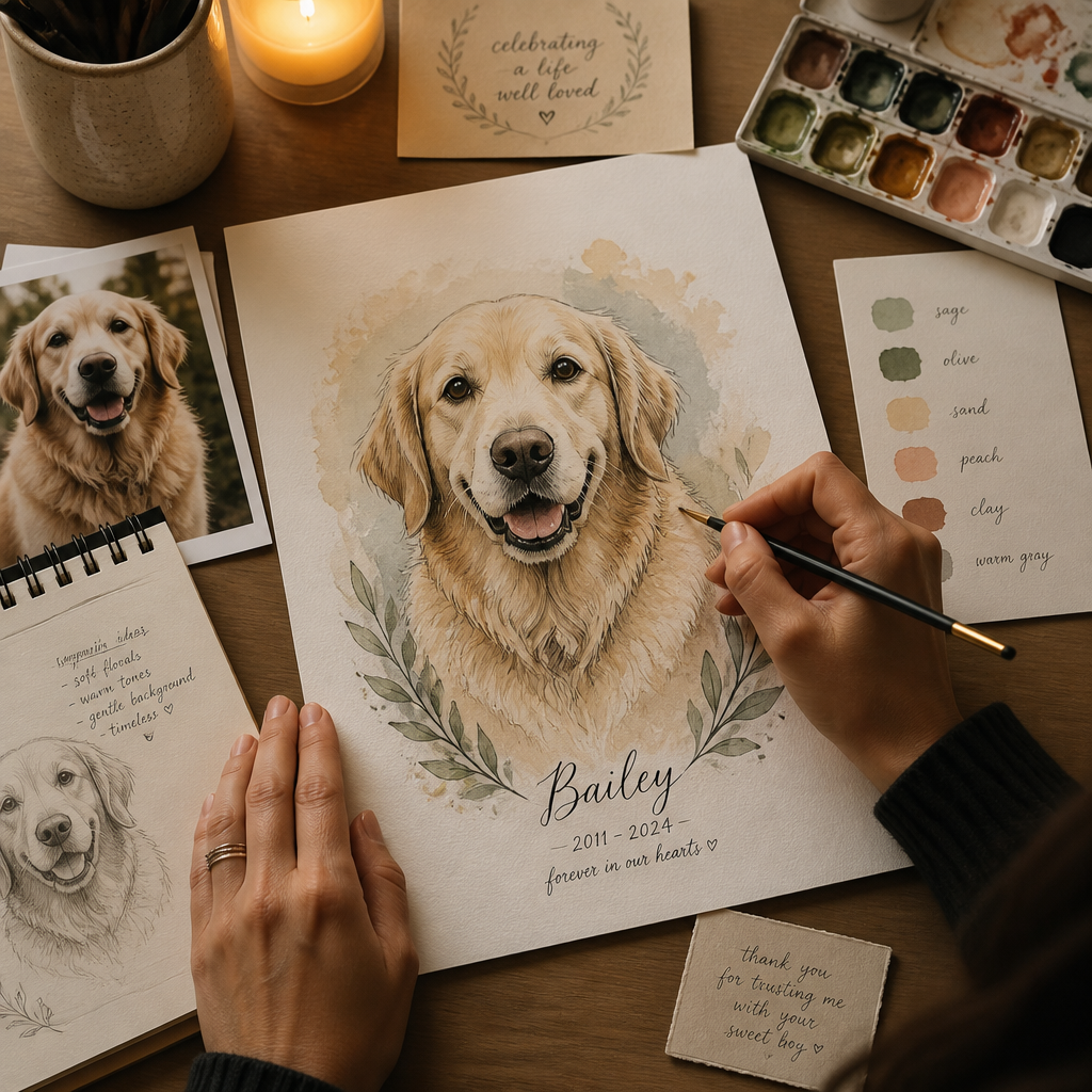Artist creating a custom pet portrait illustration with reference materials and color palettes