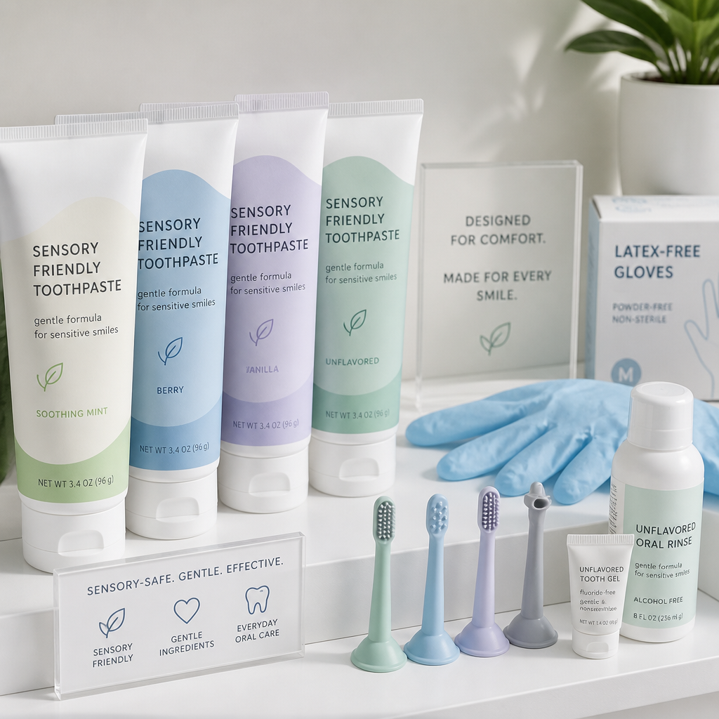 Specialized dental care products including adapted toothpaste and sensory-friendly tools