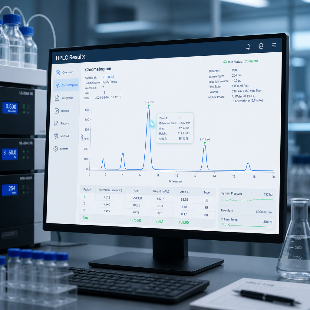 HPLC chromatography graph displayed on laboratory computer monitor