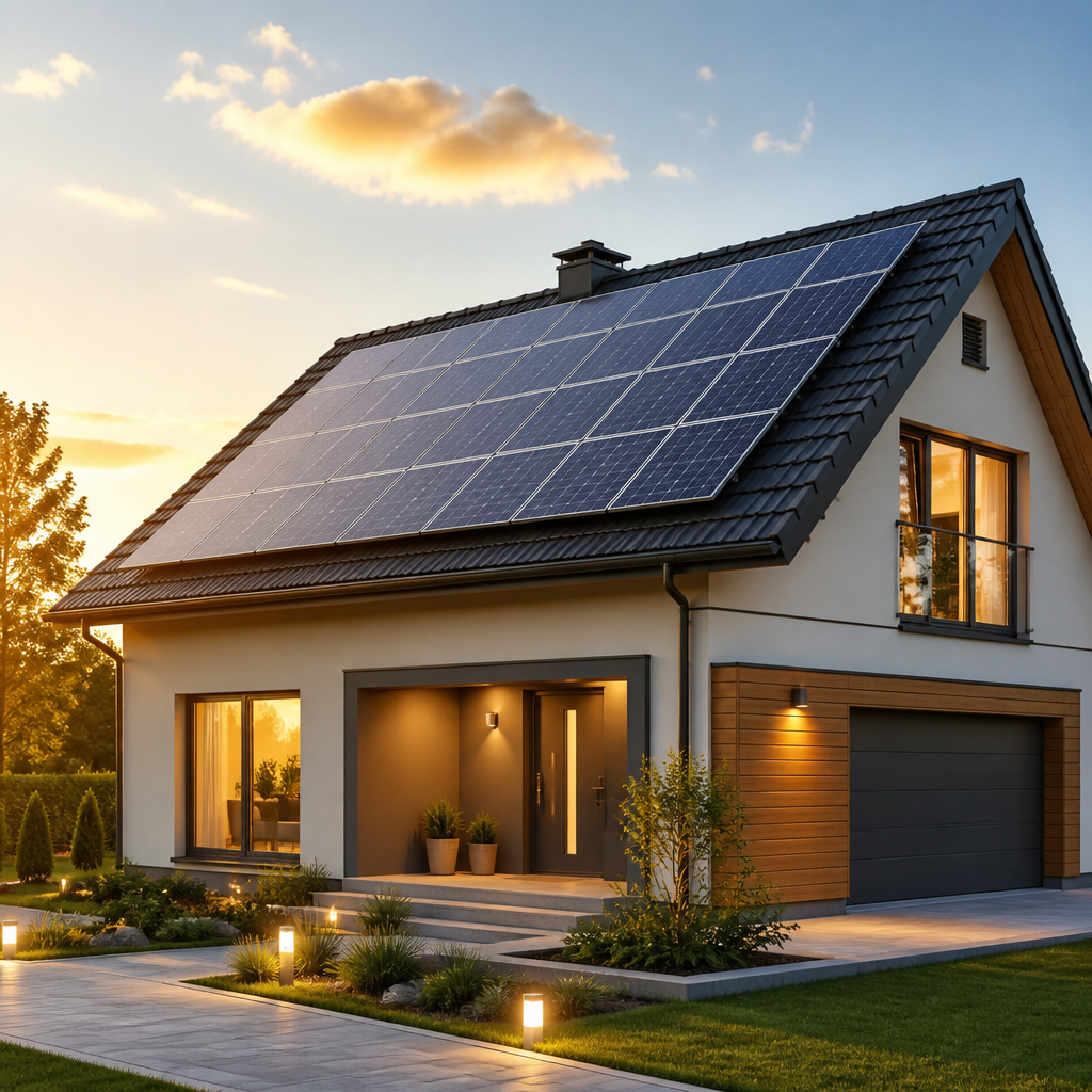 Solar panels installed on a residential rooftop during sunrise or sunset