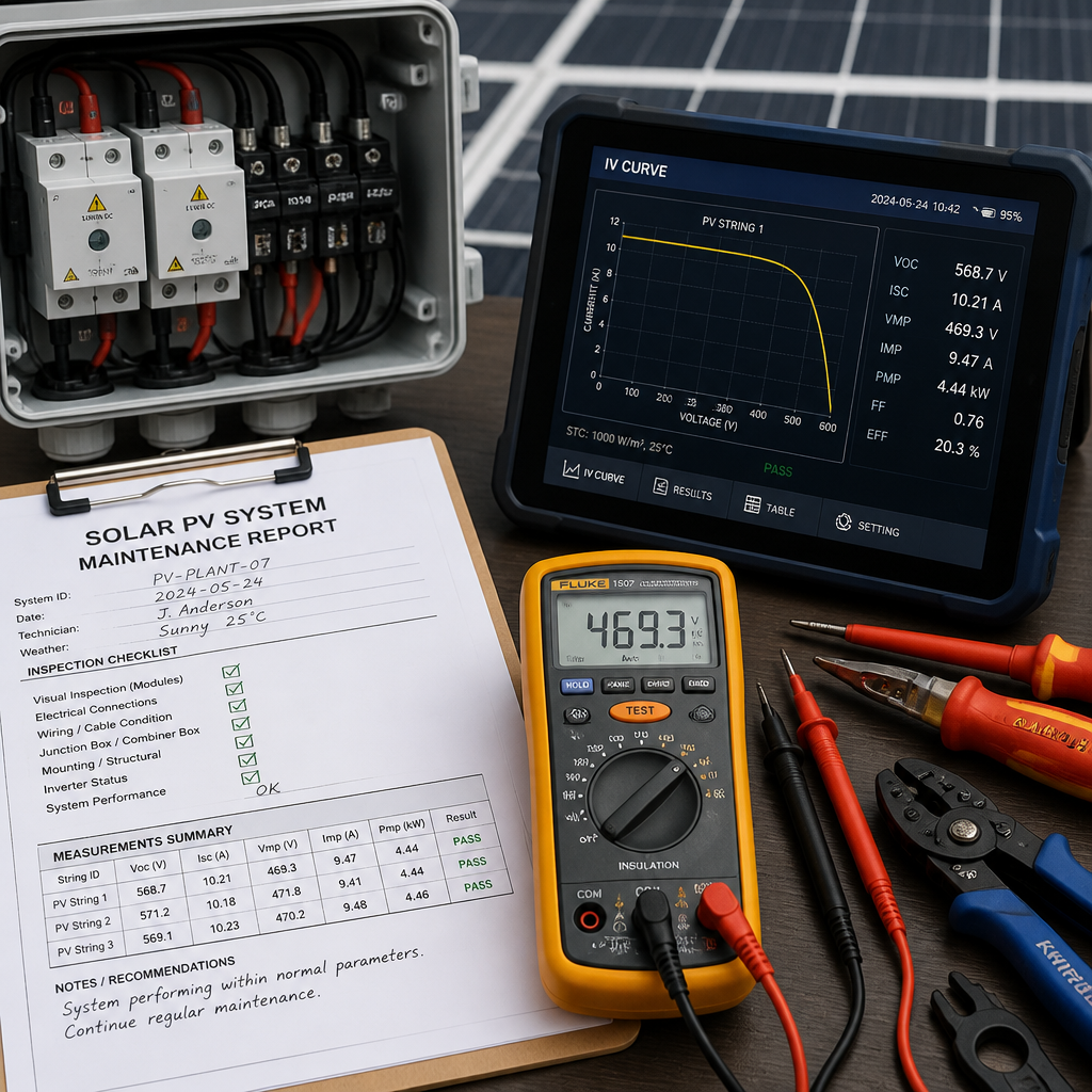 Solar panel maintenance tools and electrical diagnostic equipment on a workbench
