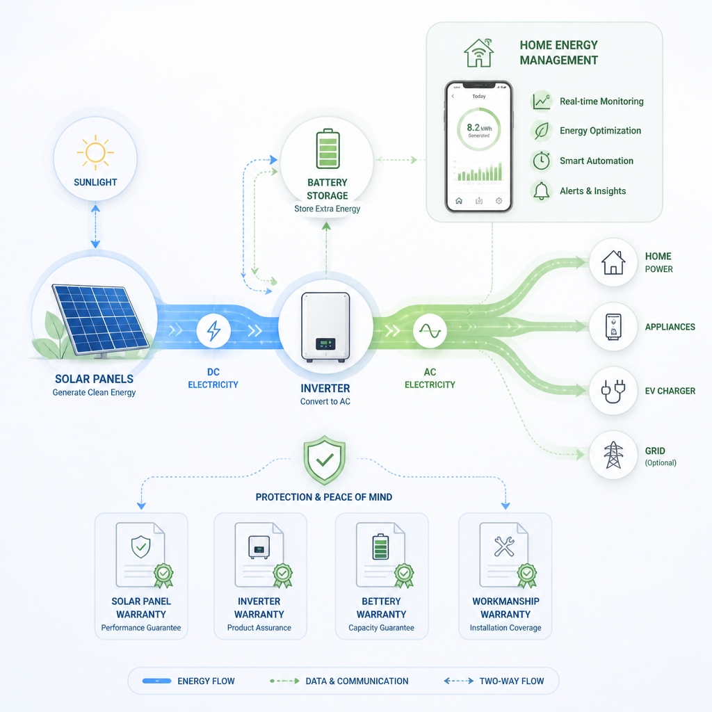 Abstract representation of solar system workflow, warranty information, and energy management