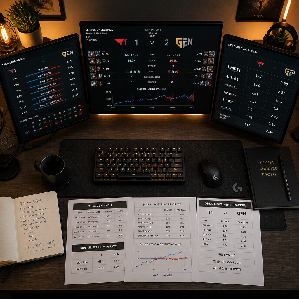 Professional gaming setup with multiple monitors showing LoL statistics and betting odds data