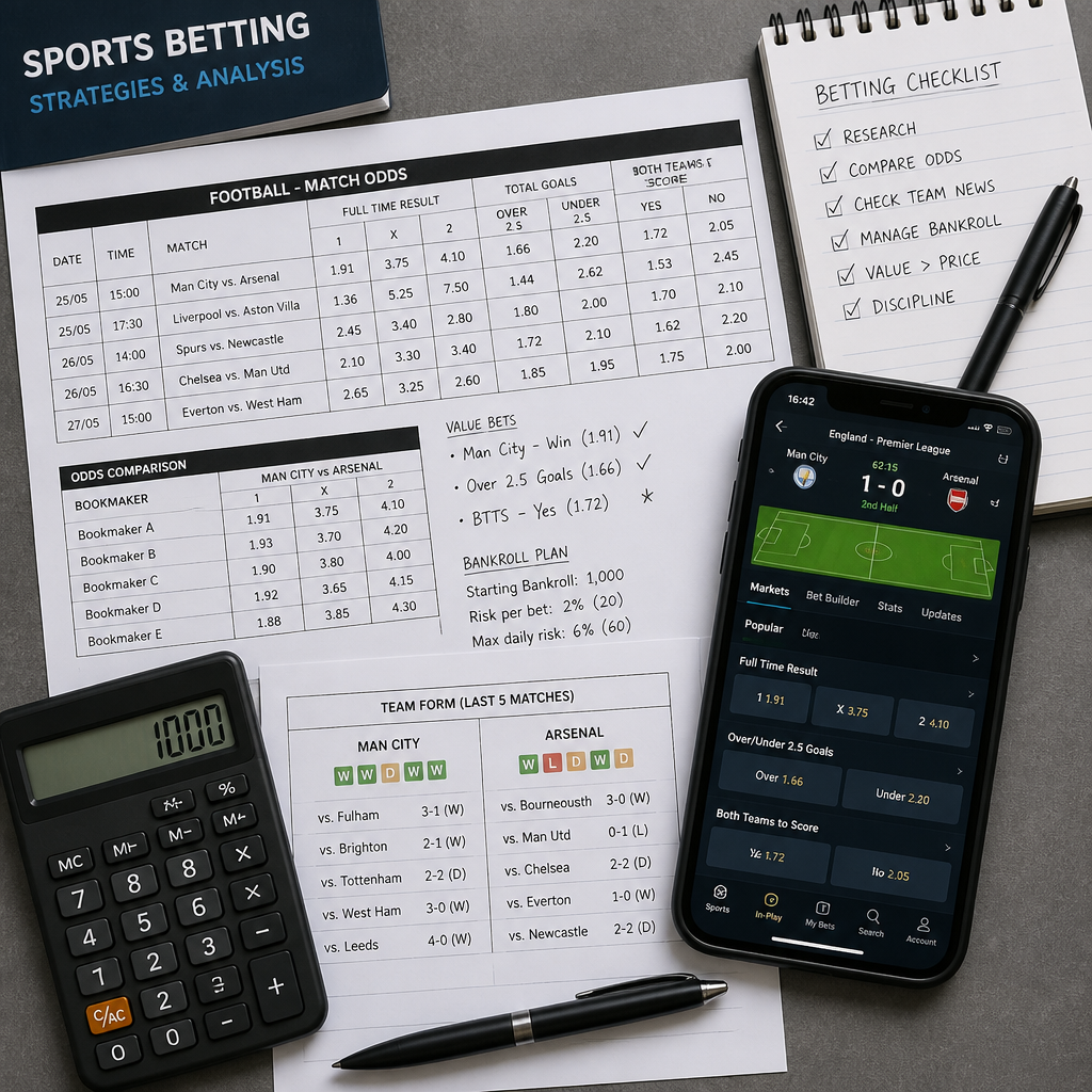 Flat-lay of betting research materials including odds sheets, calculator, and smartphone interface