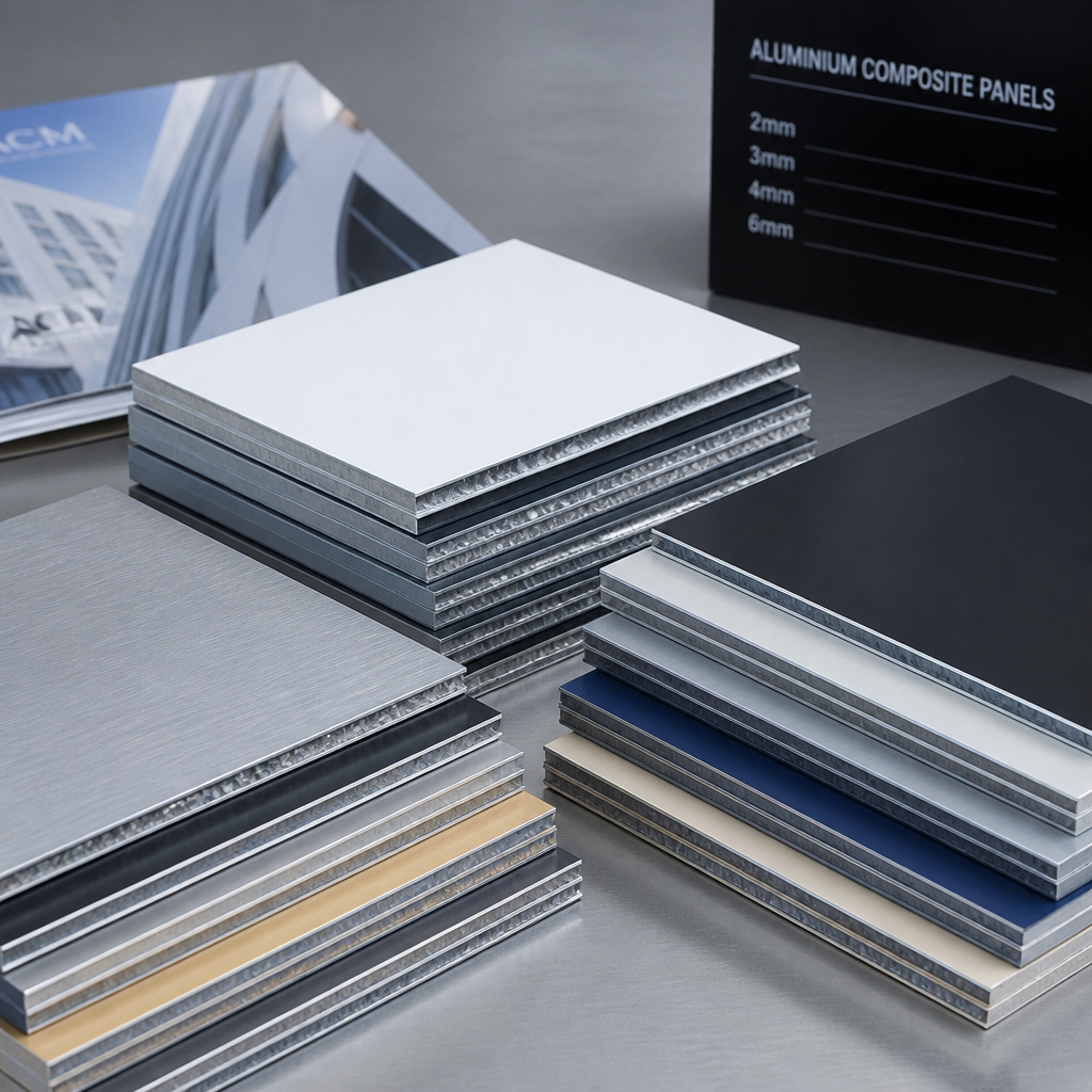 ACM panel samples displaying various thicknesses and finishes arranged on a worktable