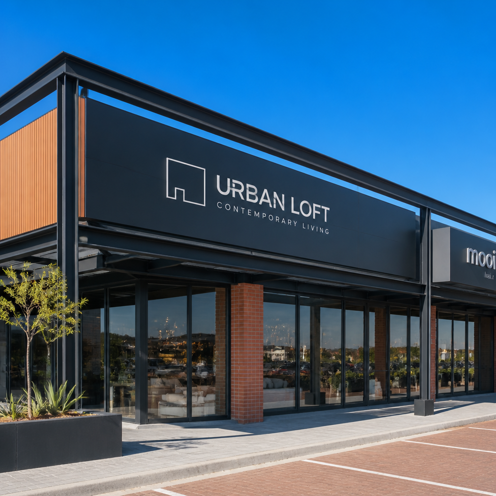 Contemporary commercial storefront with ACM fascia cladding in bright daylight