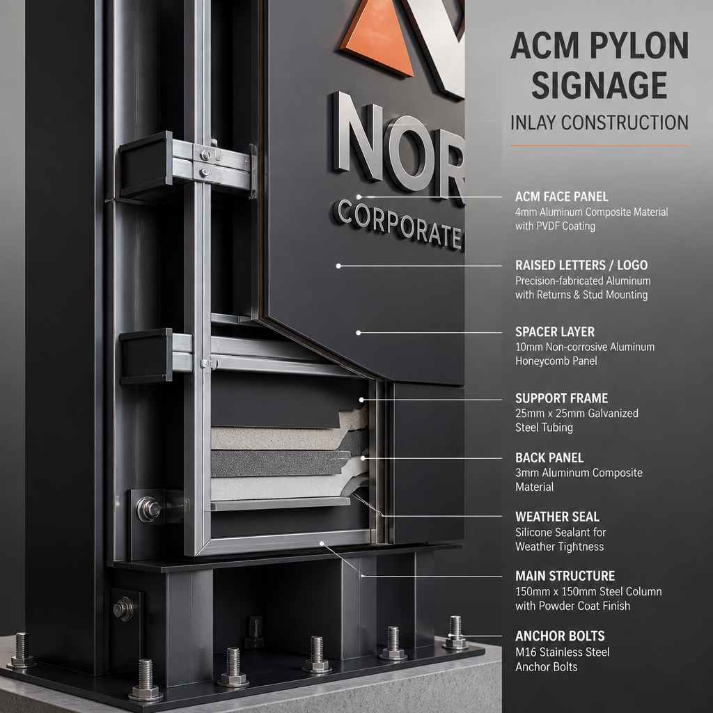 Technical close-up of ACM pylon signage inlay construction and mounting framework