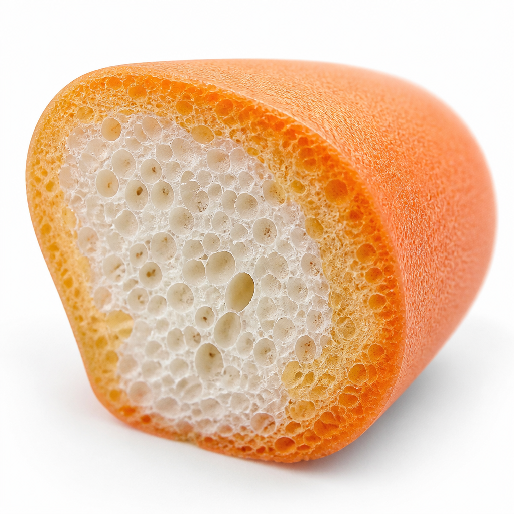 Close-up of earplug cross-section showing cellular foam structure