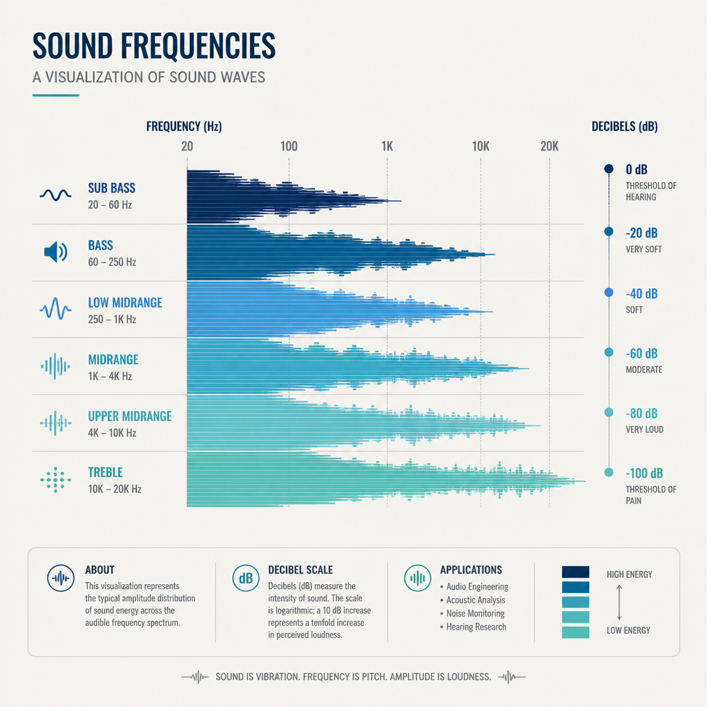 Abstract sound wave frequency visualization with decibel measurements