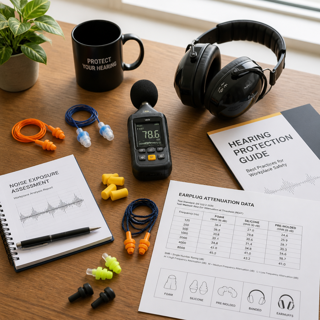 Workspace flat-lay with various earplug types and hearing protection documentation