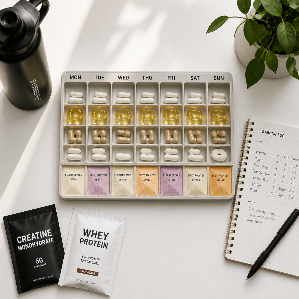 Weekly supplement organizer with vitamins and electrolytes arranged by training schedule